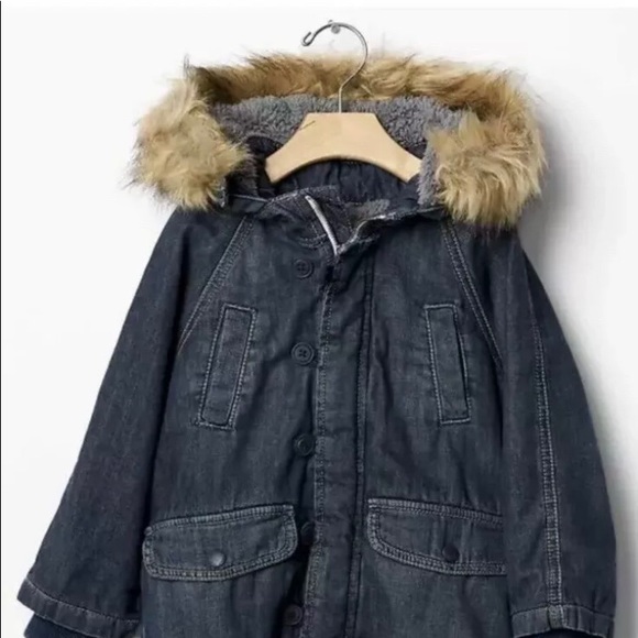 ❄️ GAP Kids 1969 Denim Snorkel Parka Sherpa Hooded Coat Jacket Blue - Picture 2 of 16